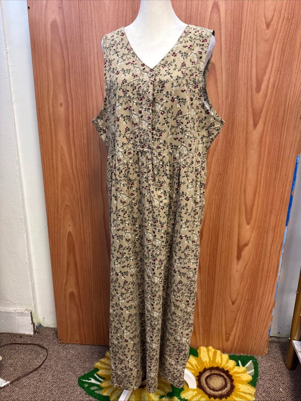 NEW Bobbie Brooks Tan Burgundy Floral Sleeveless Maxi Dress L Large 100% Cotton